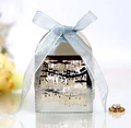 Macro detail of silver mirror gift box with laser-cut city silhouette and blue ribbon - Reflective Silver