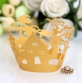 Intricate laser-cut Halloween cupcake wrapper with gold witch and castle silhouettes - Gold Yellow