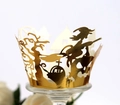 Laser-cut Halloween cupcake wrapper in mirror gold featuring witch and pumpkin silhouettes - Gold
