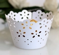 Elegant white laser-cut hollow lace cupcake wrapper with floral pattern for wedding decor - White