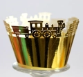 Macro shot of laser-cut reflective gold cupcake wrapper with train silhouette design - 5cm / Reflective Gold
