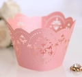 Pink pearlescent laser-cut cupcake wrappers with intricate floral lace for wedding parties - 5*5*8CM / Pink