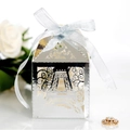 Silver laser-cut Eiffel Tower gift box with light blue ribbon for wedding favors - Reflective Silver