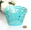 Lace laser-cut pearl paper cupcake wrapper with vine and butterfly patterns for weddings - Tiffany Blue