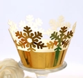 Golden laser cut snowflake lace cupcake wrappers with elegant crown pattern design - Reflective Gold