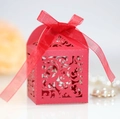 Elegant red laser-cut lace candy box with silk ribbon for wedding party favors - Pearlescent Red