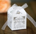 White laser-cut birdcage wedding favor box with heart patterns and white organza ribbon - White