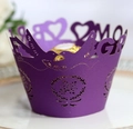 Elegant purple laser-cut cupcake wrapper with bird and heart pattern for weddings - Dark Purple
