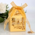 Golden laser cut Eiffel Tower wedding favor box with elegant organza ribbon bow - Gold