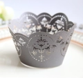 Detailed laser-cut grey cupcake wrapper featuring intricate floral lace patterns and edges - 5*5*8CM / Silver Charcoal