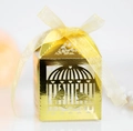Golden laser-cut wedding favor box with love bird and heart design and organza ribbon - Reflective Gold