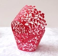 Detailed laser-cut vine and leaf pattern on red paper cupcake wrapper for parties - Red