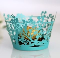 Teal laser-cut flower cupcake wrapper with golden chocolate decorative centerpiece - Tiffany Blue / 5cm