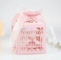 Pink laser cut wedding favor box with love birds design and elegant ribbon bow - Pink