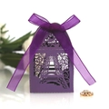 Purple laser-cut favor box with Eiffel Tower design and matching silk ribbon bow - Dark Purple