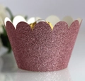 Close-up of pink glitter cupcake wrapper with scalloped edges for dessert decoration - 5cm / Glitter Pink