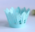 Detailed laser-cut light blue cupcake wrapper with elegant feather pattern design - Light Blue