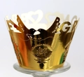 Gold laser-cut cupcake wrappers with mirror finish featuring hearts and love birds - Reflective Gold