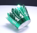 Detail of green metallic paper crown with laser-cut feather design and adjustable slot - Reflective Green