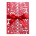 Elegant red laser-cut floral invitation set with silk ribbon and white insert card - Pearlescent Red
