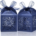 Navy blue laser-cut favor box set with floral hollow patterns and matching ribbon - Magic Blue
