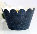 Detail of scalloped dark blue glitter cupcake wrappers for wedding cake decorations - 5cm / Glitter Dark Blue