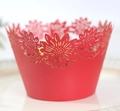 Laser cut red sunflower cake wrappers with intricate hollow patterns for parties - Pearlescent Red