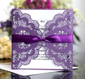 Detailed laser cut purple wedding invitation featuring elegant lace texture and a satin bow - Dark Purple