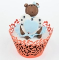 Orange leaf hollow cupcake wrapper with cute brown bear cake topper and blue heart - Orange Red