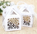 Laser cut white wedding favor box with damask hollow pattern and white ribbon bow - White