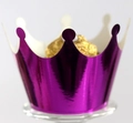 Close-up of metallic purple crown cupcake wrapper holding a gold foil chocolate - Reflective Dark Purple