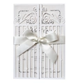 Elegant laser cut wedding invitation with white satin ribbon and ornate fence gate design - White