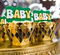 Detail of gold laser-cut cupcake wrappers and BABY toppers for baby shower decor - 5*5*8CM / Reflective Gold