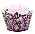 Detail of laser-cut dark purple butterfly lace cupcake wrapper around a pink cupcake - 5cm / Reflective Dark Purple