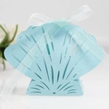 Light blue shell-shaped laser-cut wedding favor box with a white silk ribbon bow - Pearl Pale Blue