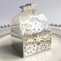 Silver laser-cut butterfly wedding favor box with intricate rose patterns for chocolates - Bright Silver