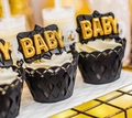 Close-up of black laser-cut lace cupcake wrapper and gold BABY topper for baby shower - Black Khaki / 5cm