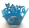 Sky blue laser-cut cupcake wrappers with teddy bear and baby patterns for parties - Sky Blue