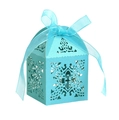 Detail of light blue laser-cut paper gift box with cross pattern and ribbon for weddings - Turquoise Blue