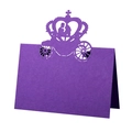 Detailed laser-cut purple table card featuring an ornate carriage and crown design for weddings - Dark Purple