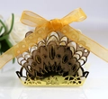 Laser cut hollow peacock candy box in gold finish with yellow ribbon for wedding parties - 50 Pieces / Reflective Gold