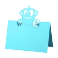 Detailed laser-cut blue wedding place card featuring a romantic carriage and crown silhouette - Tiffany Blue
