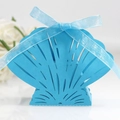 Blue laser-cut seashell candy box with silk ribbon bow for beach themed wedding decor - Sky Blue
