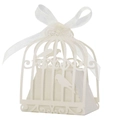 Detail of white laser-cut birdcage candy box featuring pearlescent paper and white ribbon - Ivory