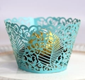 Exquisite laser-cut turquoise cupcake liner with intricate leaf pattern and golden chocolate - 5cm / Tiffany Blue