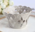 Intricate laser-cut pearl paper cupcake wrapper with geometric hollow patterns on silver - Silver Grey / 5cm