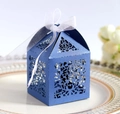Blue laser cut wedding favor box with glitter finish and white organza ribbon bow - Sapphire Blue