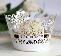 Elegant white laser-cut rose cupcake wrappers with golden liners for wedding party decor - White