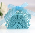 Macro detail of laser-cut geometric flower pattern on blue wedding favor gift box - 50 Pieces / Tiffany Blue