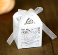 Elegant white laser-cut rose hollow wedding favor box with a white ribbon tie - White